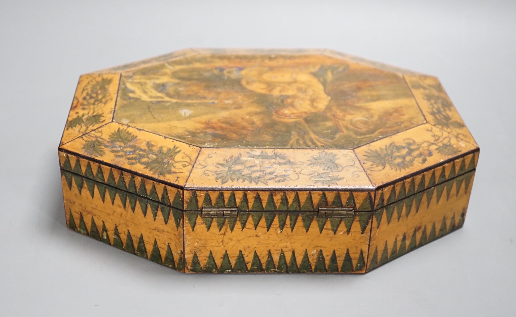 A Regency octagonal painted sycamore work box, containing mother of pearl and bone counters 26cm